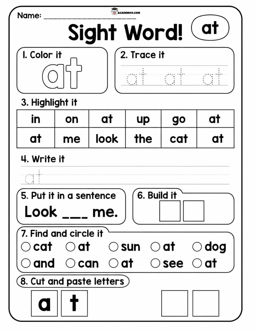 Sight Word At worksheet — kindergarten language arts printable PDF · Printable sight word at worksheet for Kindergarten.
