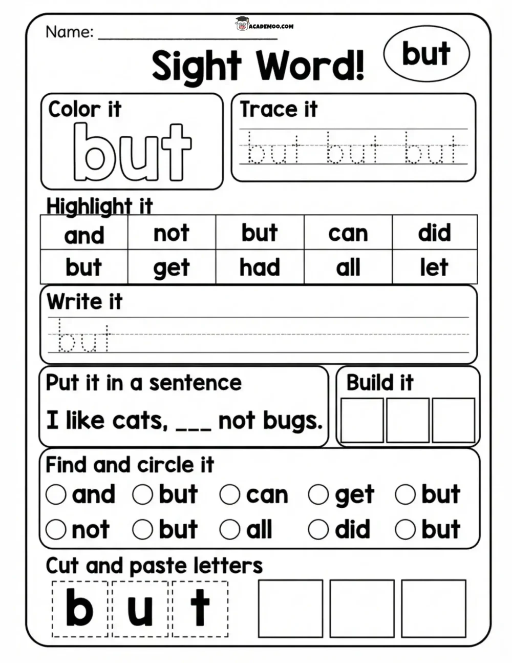 Sight Word But worksheet — kindergarten language arts printable PDF · Printable sight word but worksheet for Kindergarten.