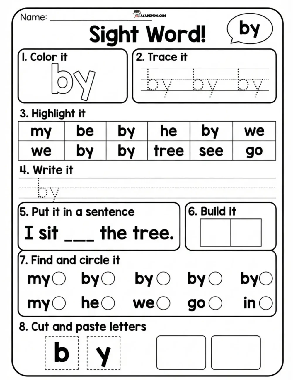 Sight Word By worksheet — kindergarten language arts printable PDF · Printable sight word by worksheet for Kindergarten.