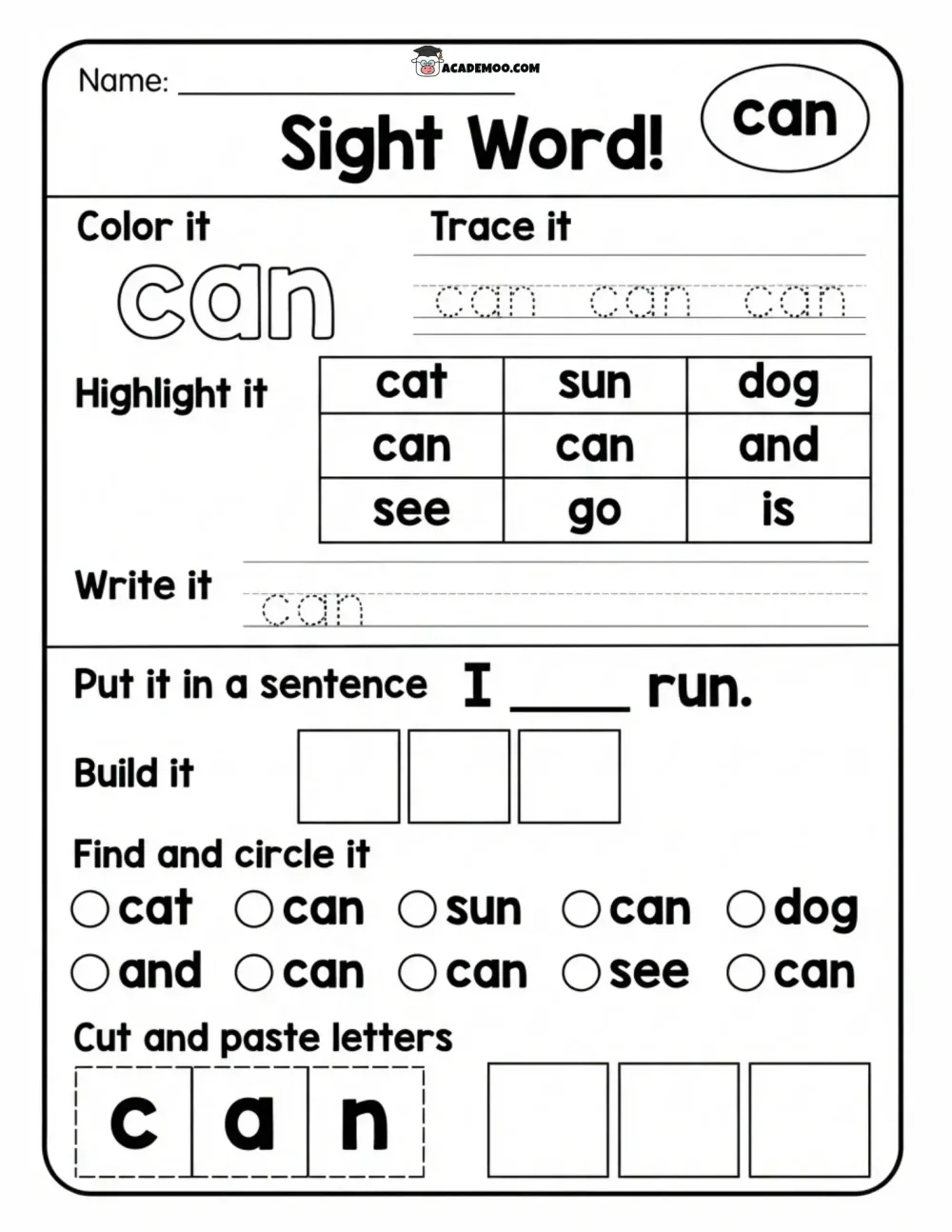 Sight Word Can worksheet — kindergarten language arts printable PDF · Printable sight word can worksheet for Kindergarten.
