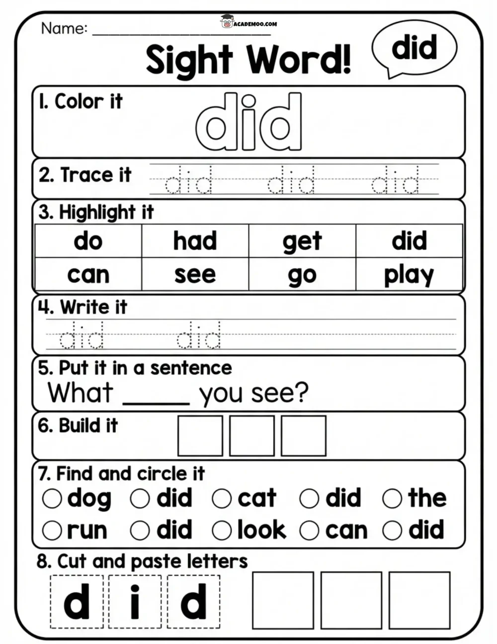 Sight Word Did worksheet — kindergarten language arts printable PDF · Printable sight word did worksheet for Kindergarten.