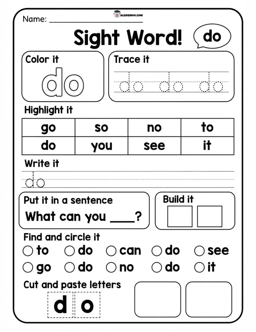 Sight Word Do worksheet — kindergarten language arts printable PDF · Printable sight word do worksheet for Kindergarten.