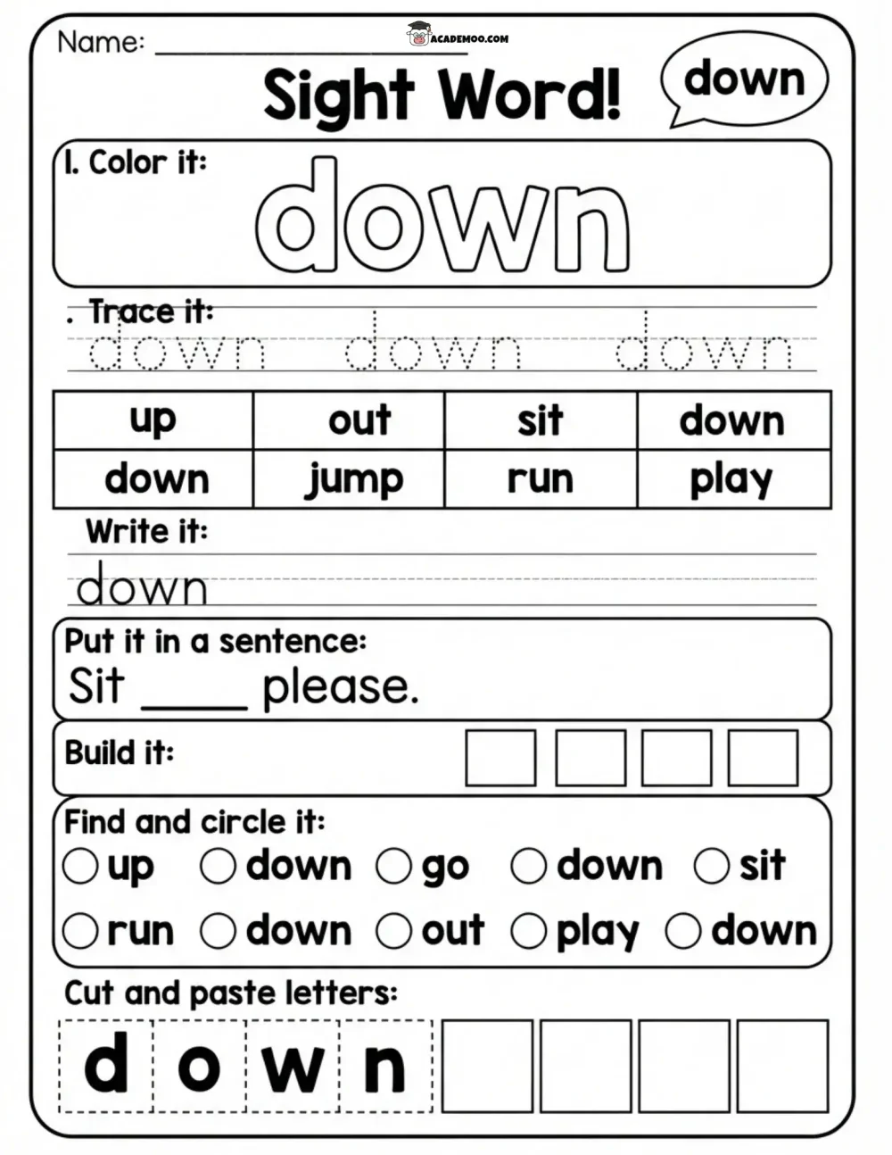 Sight Word Down worksheet — kindergarten language arts printable PDF · Printable sight word down worksheet for Kindergarten.