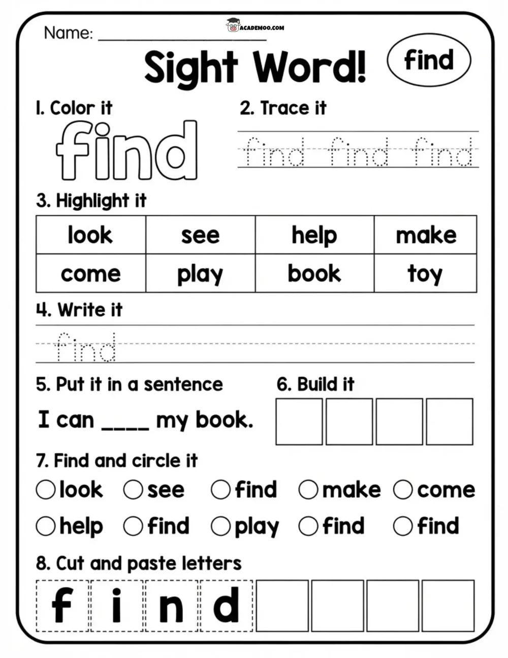 Sight Word Find worksheet — kindergarten language arts printable PDF · Printable sight word find worksheet for Kindergarten.