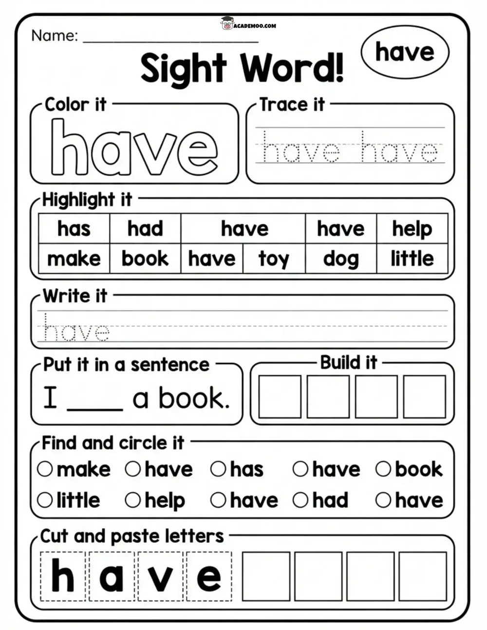 Sight Word Have worksheet — kindergarten language arts printable PDF · Printable sight word have worksheet for Kindergarten.