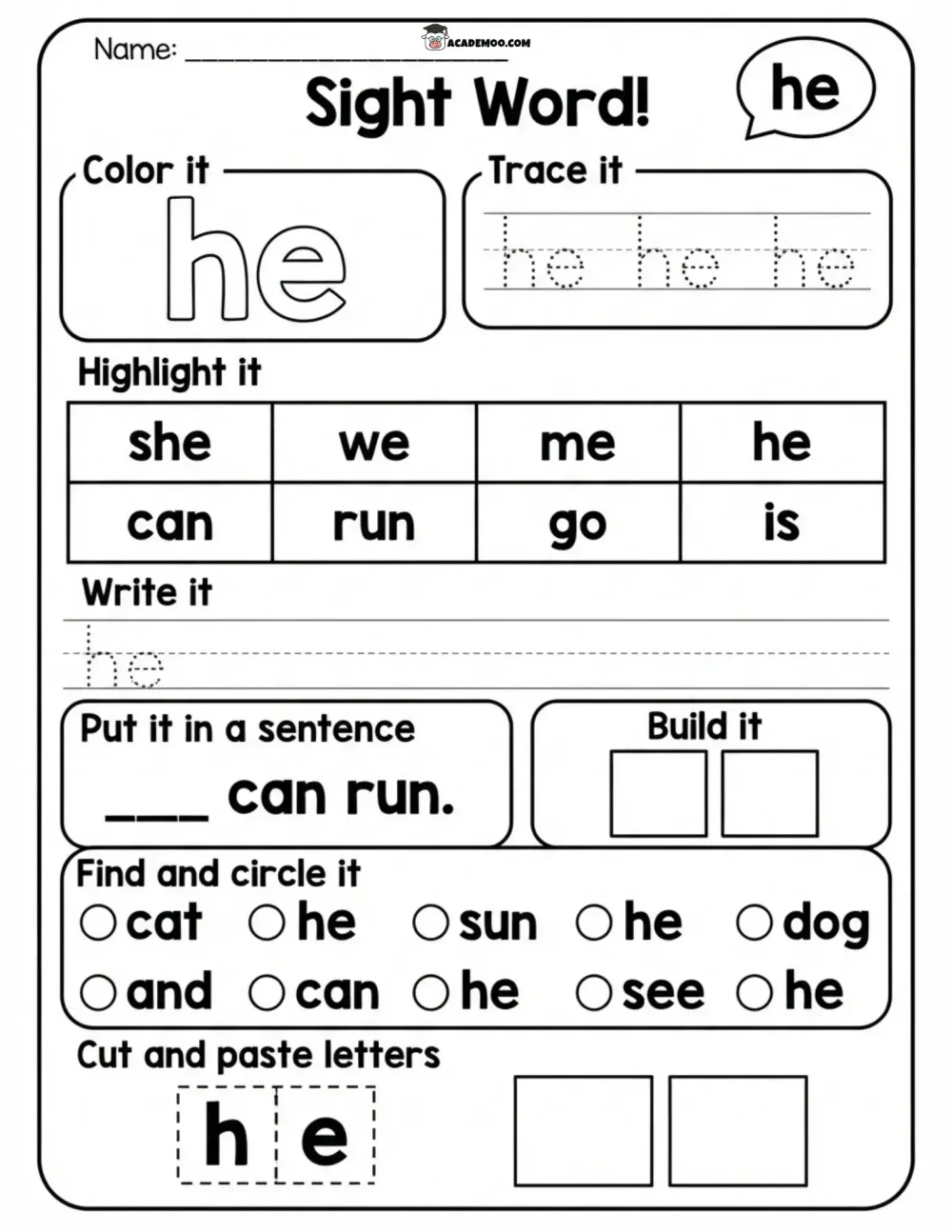 Sight Word He worksheet — kindergarten language arts printable PDF · Printable sight word he worksheet for Kindergarten.