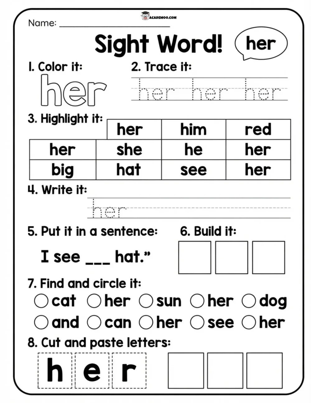 Sight Word Her worksheet — kindergarten language arts printable PDF · Printable sight word her worksheet for Kindergarten.