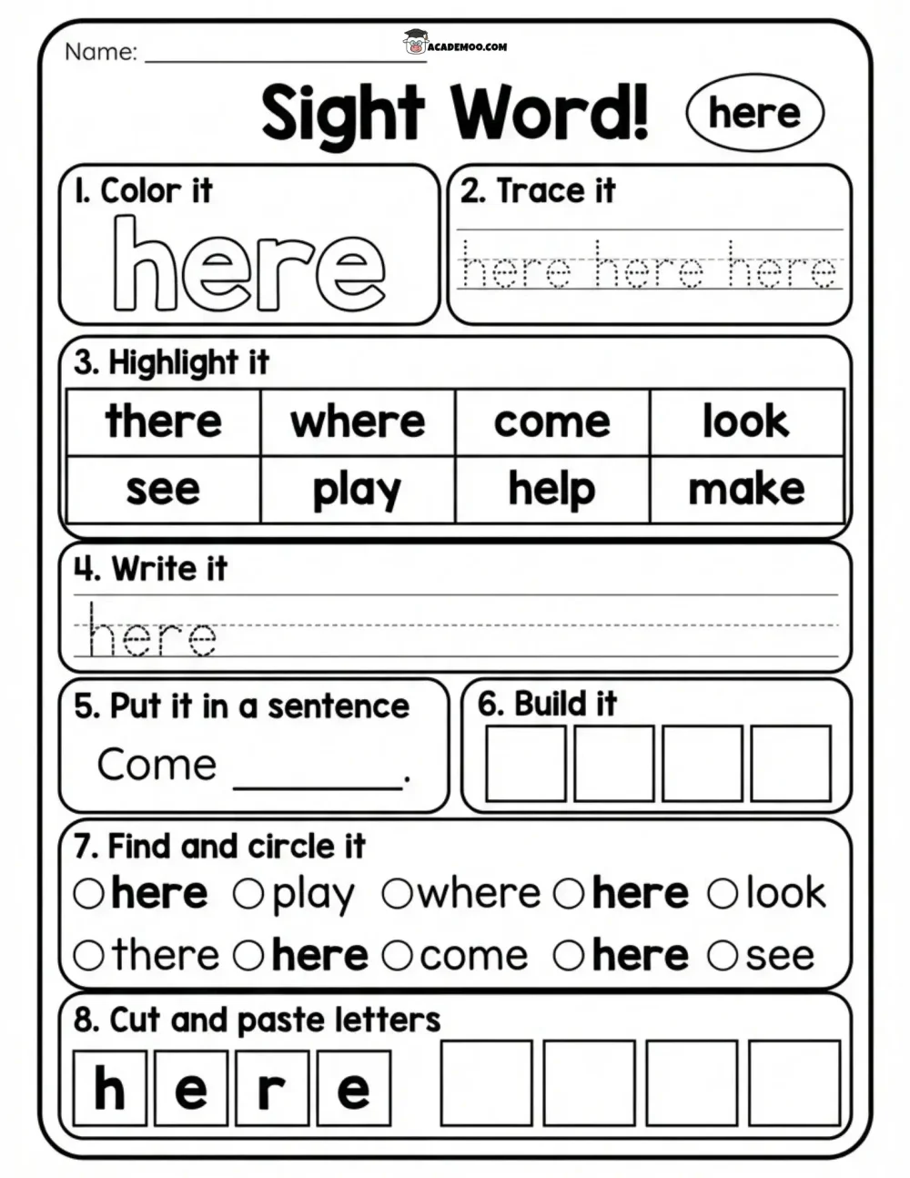 Sight Word Here worksheet — kindergarten language arts printable PDF · Printable sight word here worksheet for Kindergarten.
