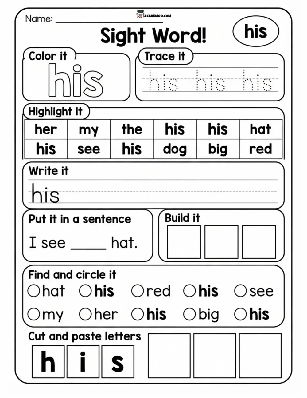 Sight Word His worksheet — kindergarten language arts printable PDF · Printable sight word his worksheet for Kindergarten.