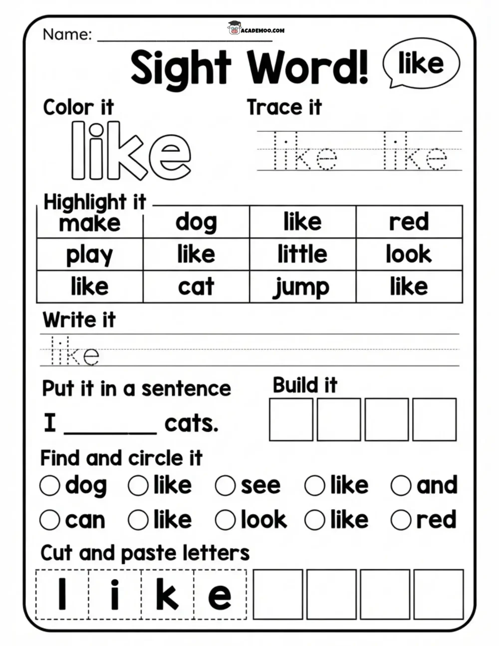 Sight Word Like worksheet — kindergarten language arts printable PDF · Printable sight word like worksheet for Kindergarten.