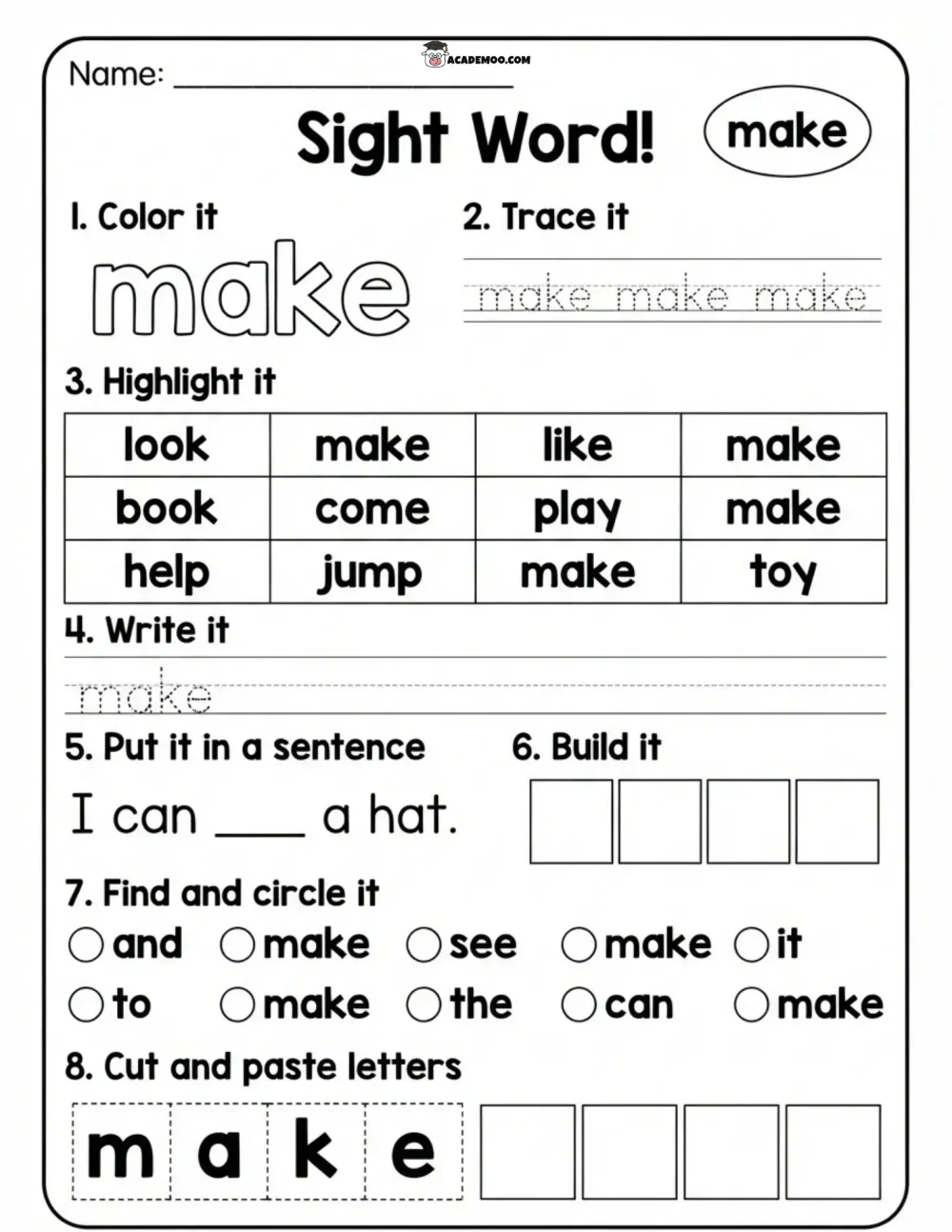 Sight Word Make worksheet — kindergarten language arts printable PDF · Printable sight word make worksheet for Kindergarten.