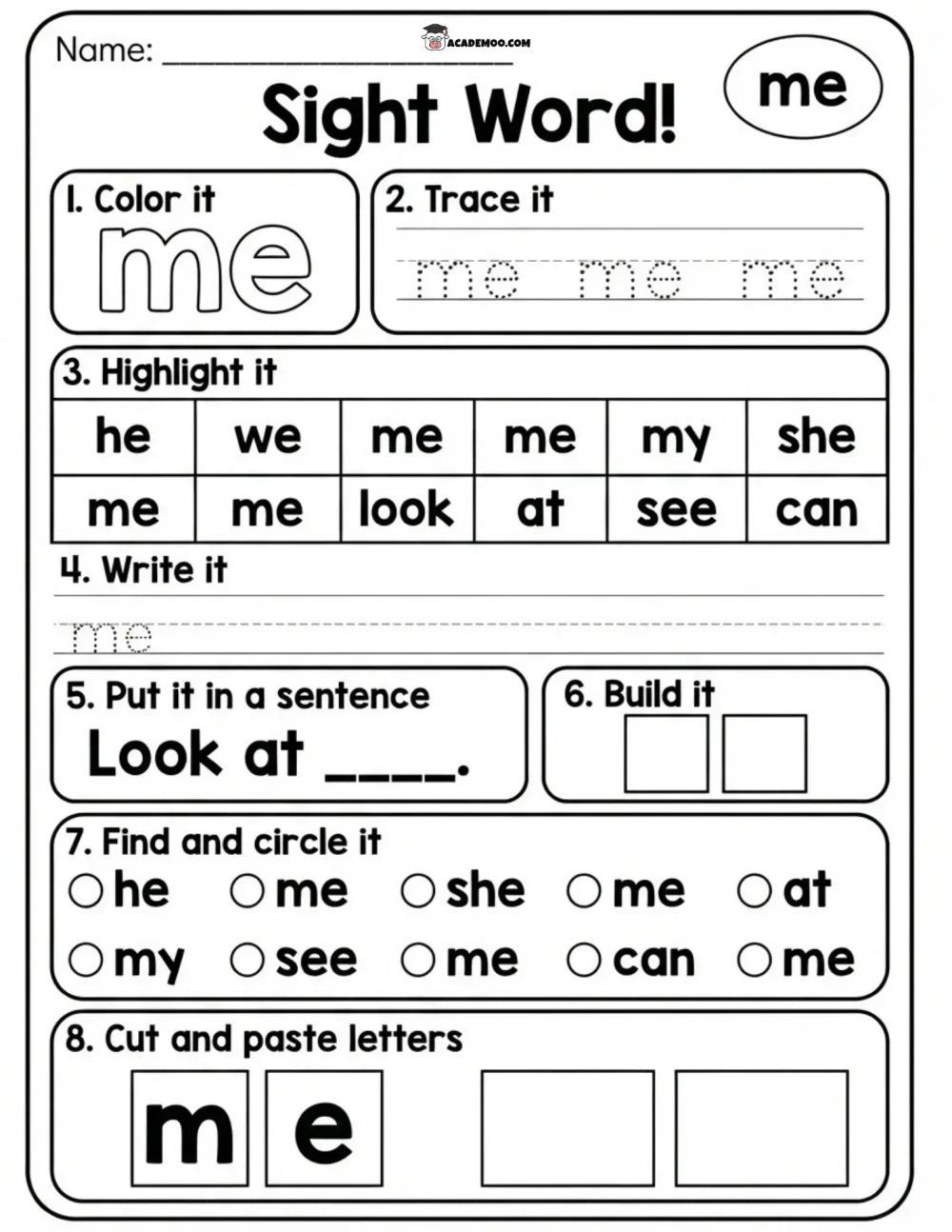 Sight Word Me worksheet — kindergarten language arts printable PDF · Printable sight word me worksheet for Kindergarten.