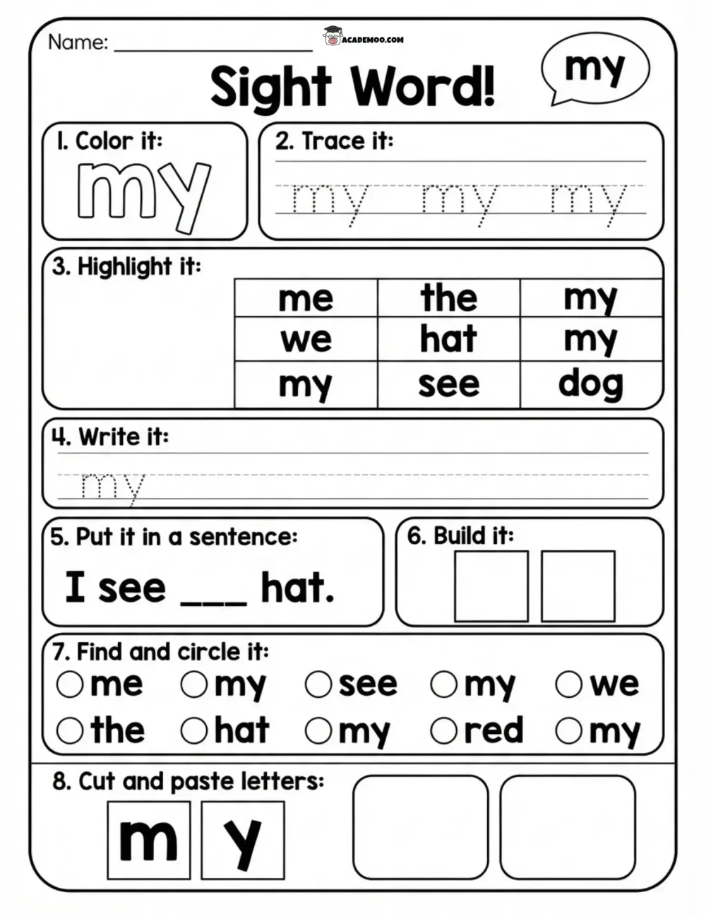 Sight Word My worksheet — kindergarten language arts printable PDF · Printable sight word my worksheet for Kindergarten.