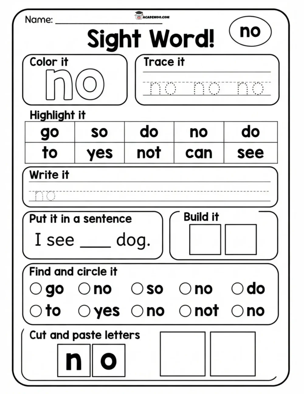 Sight Word No worksheet — kindergarten language arts printable PDF · Printable sight word no worksheet for Kindergarten.