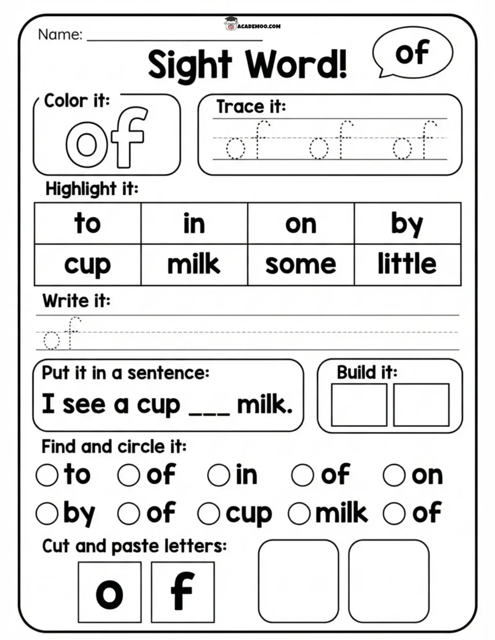 Sight Word Of worksheet — kindergarten language arts printable PDF · Printable sight word of worksheet for Kindergarten.