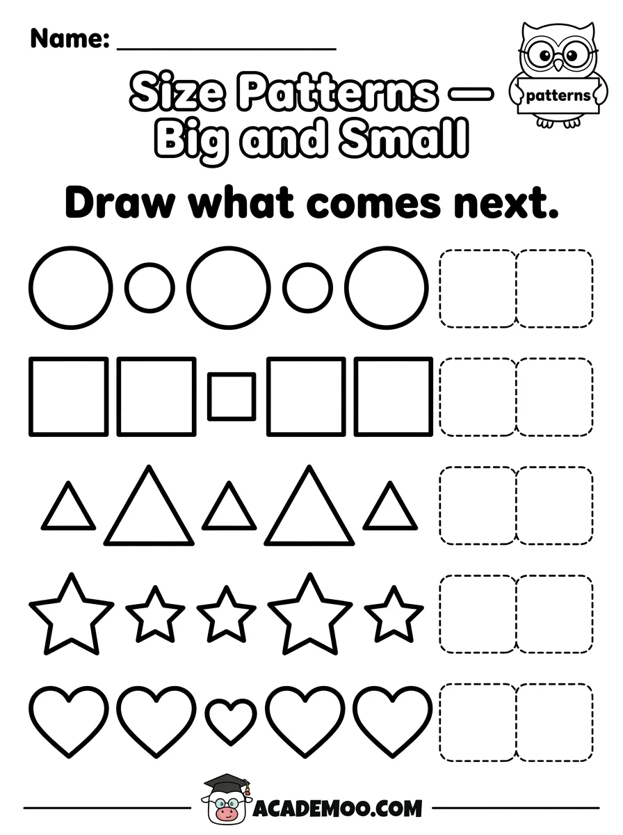 Size Patterns Big and Small worksheet — pre-k math printable PDF · Free printable Size Patterns Big and Small worksheet for Pre-K.
