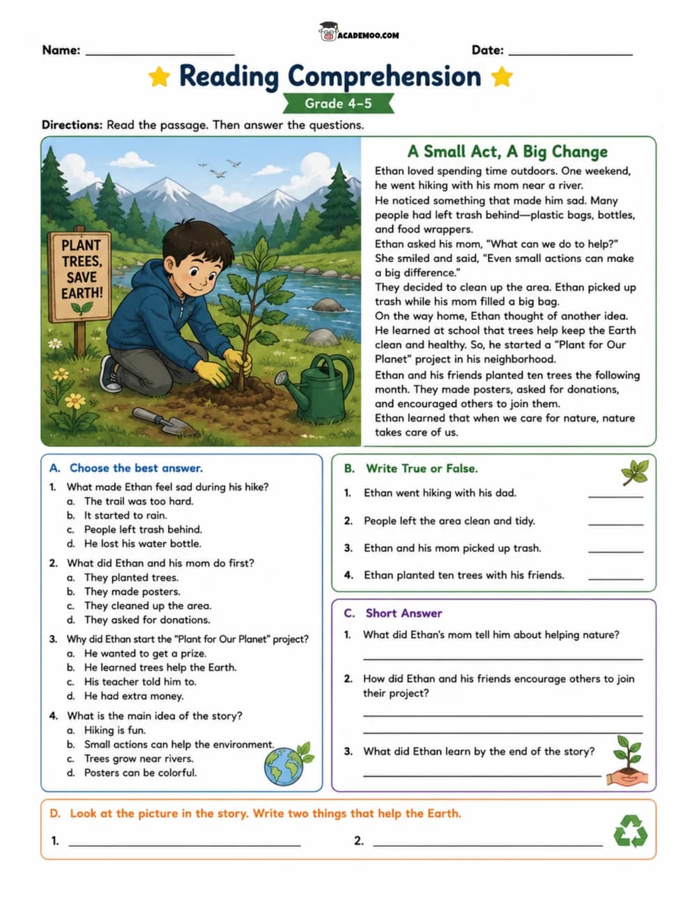 A Small Act, A Big Change worksheet — 5th grade language arts printable PDF · Printable A Small Act, A Big Change reading comprehension worksheet for 5th Grade.