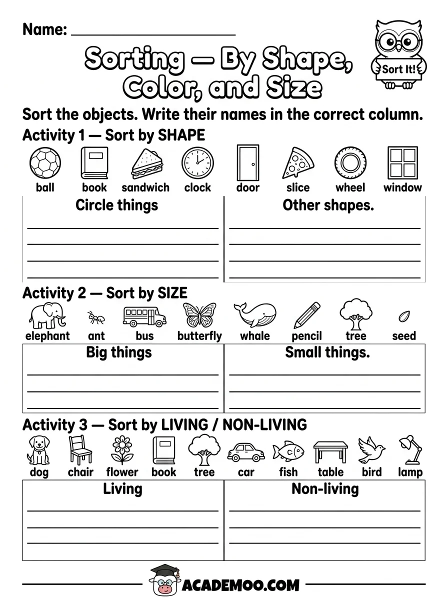 Sorting by Shape Color and Size worksheet — kindergarten math printable PDF · Free printable sorting by shape color and size worksheet for Kindergarten.