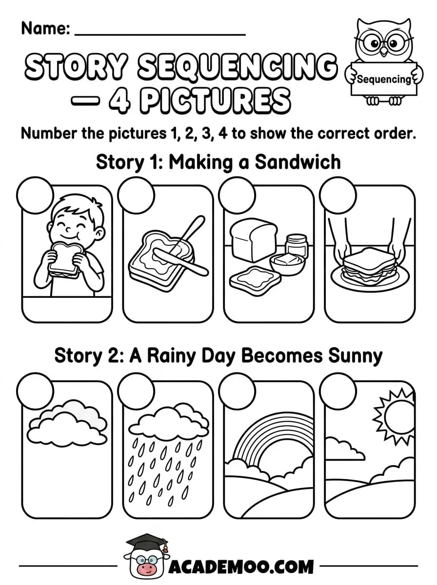 Story Sequencing 4 Pictures worksheet — kindergarten language arts printable PDF · Printable story sequencing 4 pictures worksheet for Kindergarten.