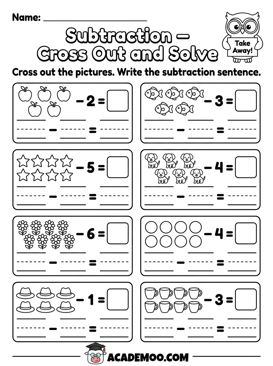 Subtraction Cross Out and Solve worksheet — kindergarten math printable PDF · Printable subtraction cross out and solve worksheet for Kindergarten.