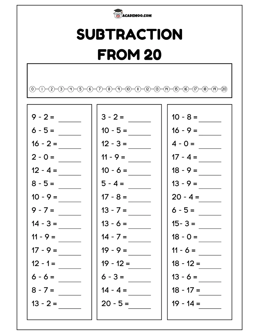 Subtraction From 20 worksheet — kindergarten math printable PDF · Printable subtraction from 20 worksheet for Kindergarten.