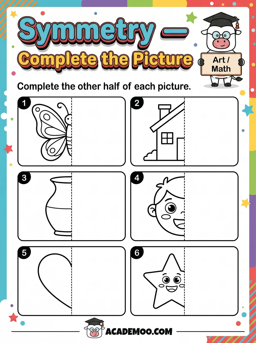 Symmetry Complete the Picture worksheet — pre-k math printable PDF · Free printable symmetry complete the picture worksheet for Pre-K.