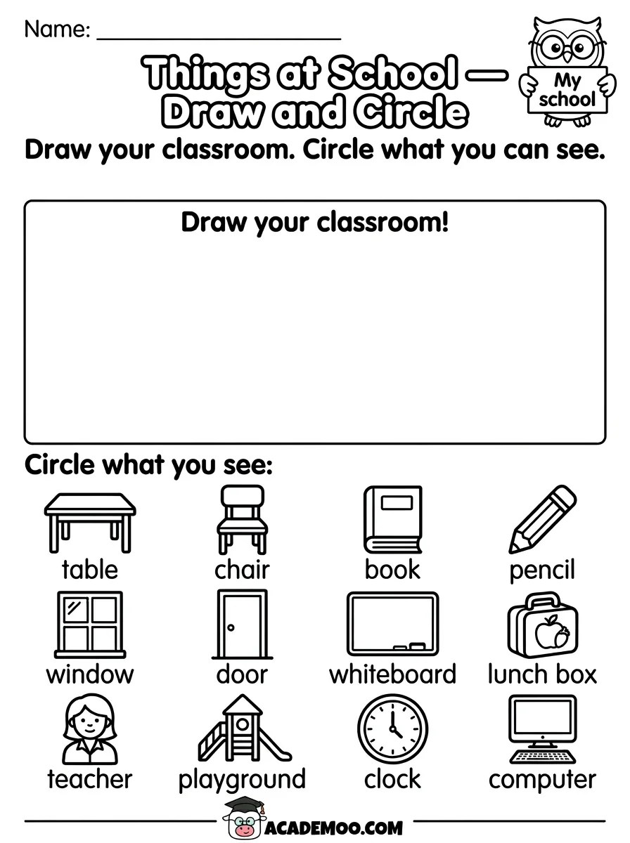 Things at School Draw and Circle worksheet — pre-k language arts printable PDF · Free printable Things at School Draw and Circle worksheet for Pre-K.