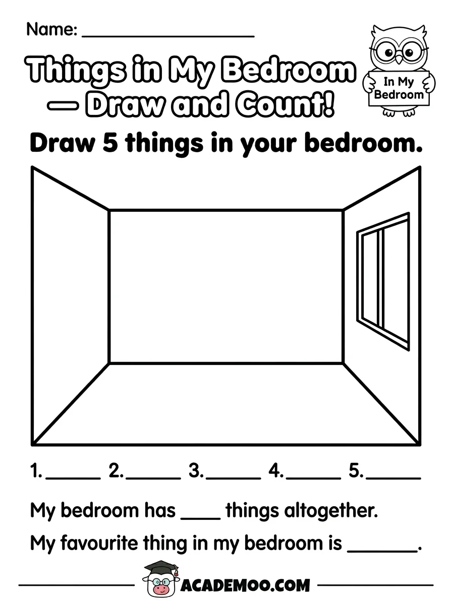 Things in My Bedroom Draw and Count worksheet — pre-k math printable PDF · Free printable Things in My Bedroom Draw and Count worksheet for Pre-K.