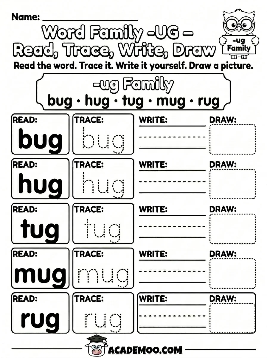 UG Word Family Read Trace Write worksheet — kindergarten language arts printable PDF · Printable ug word family read trace write worksheet for Kindergarten.