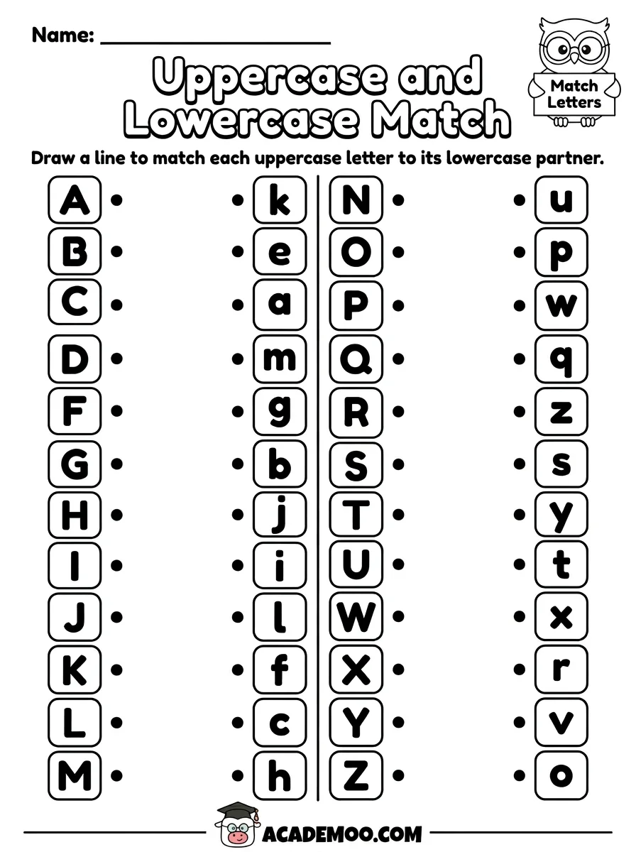 Uppercase and Lowercase Match worksheet — pre-k language arts printable PDF · Printable uppercase and lowercase match worksheet for Pre-K.