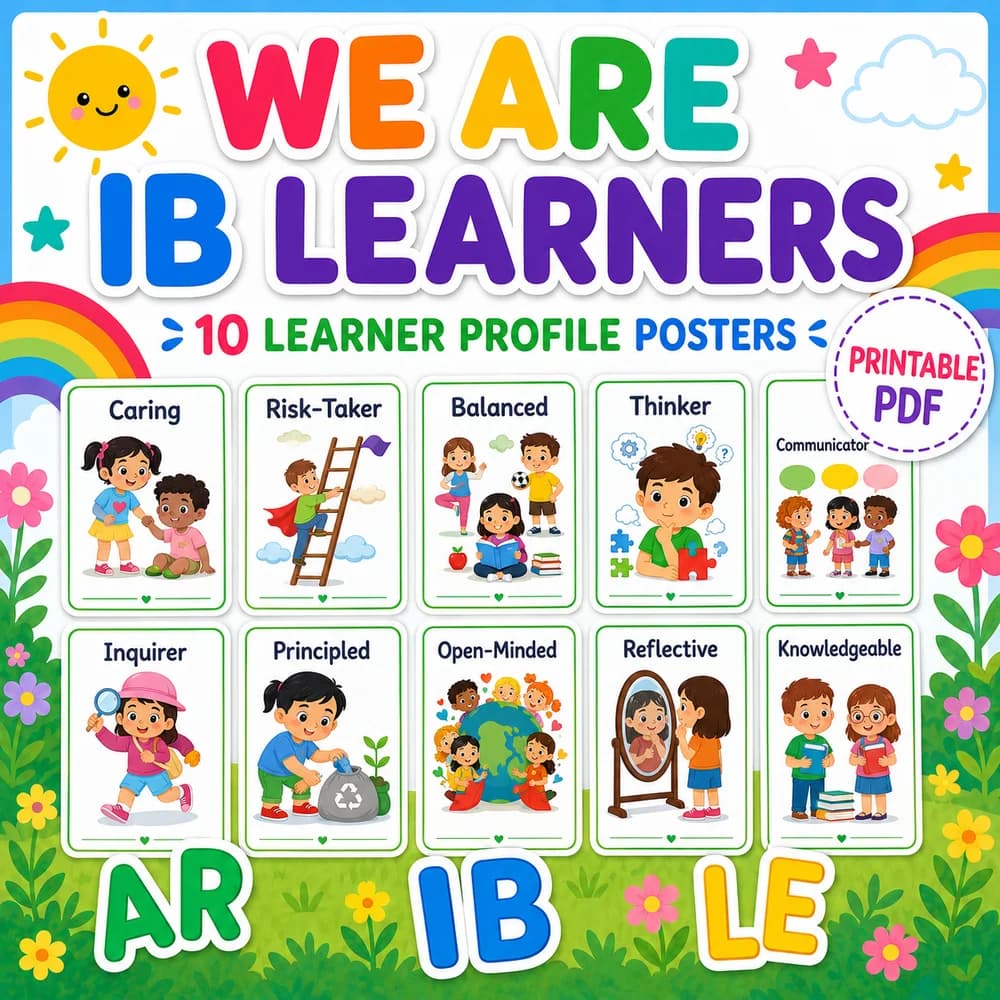 We Are IB Learners Profile Posters classroom printable — 1st grade language arts printable PDF · Printable IB learner profile posters for 1st Grade classrooms.