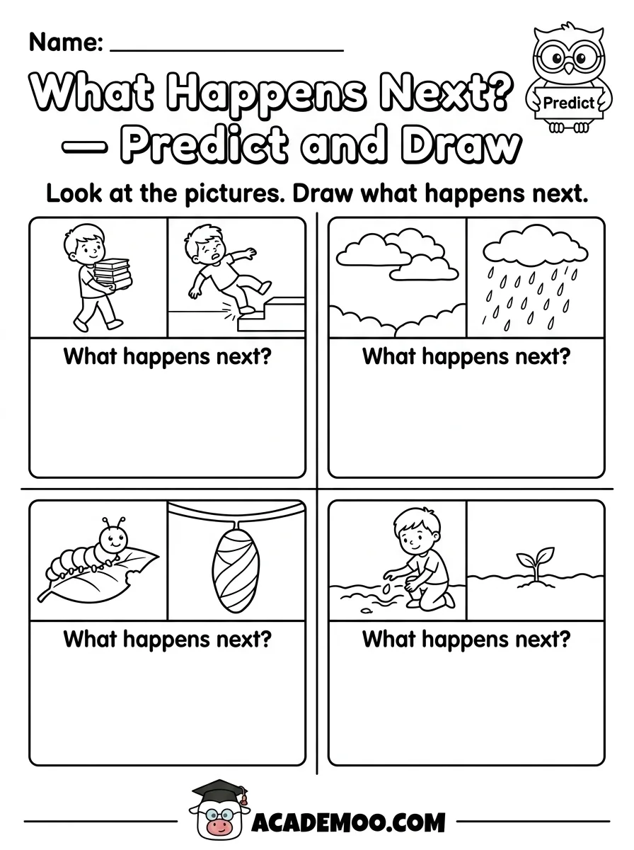 What Happens Next? Predict and Draw worksheet — kindergarten language arts printable PDF · Printable what happens next?