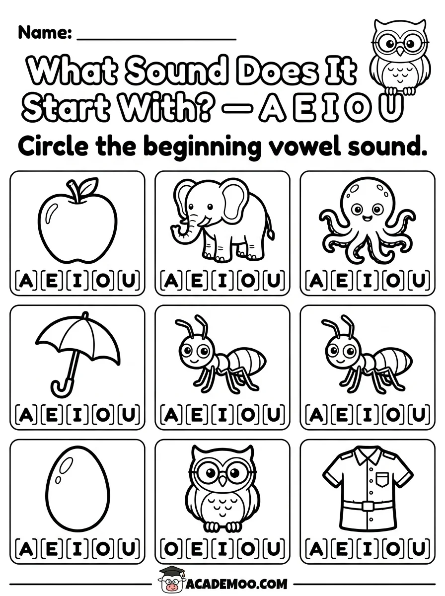 What Sound Does It Start With A E I O U worksheet — kindergarten language arts printable PDF · Free printable What Sound Does It Start With A E I O U worksheet for Kindergarten.