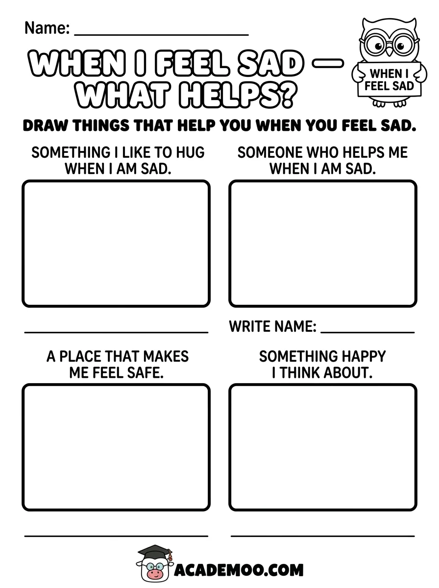 When I Feel Sad What Helps worksheet — pre-k language arts printable PDF · Free printable When I Feel Sad What Helps worksheet for Pre-K.