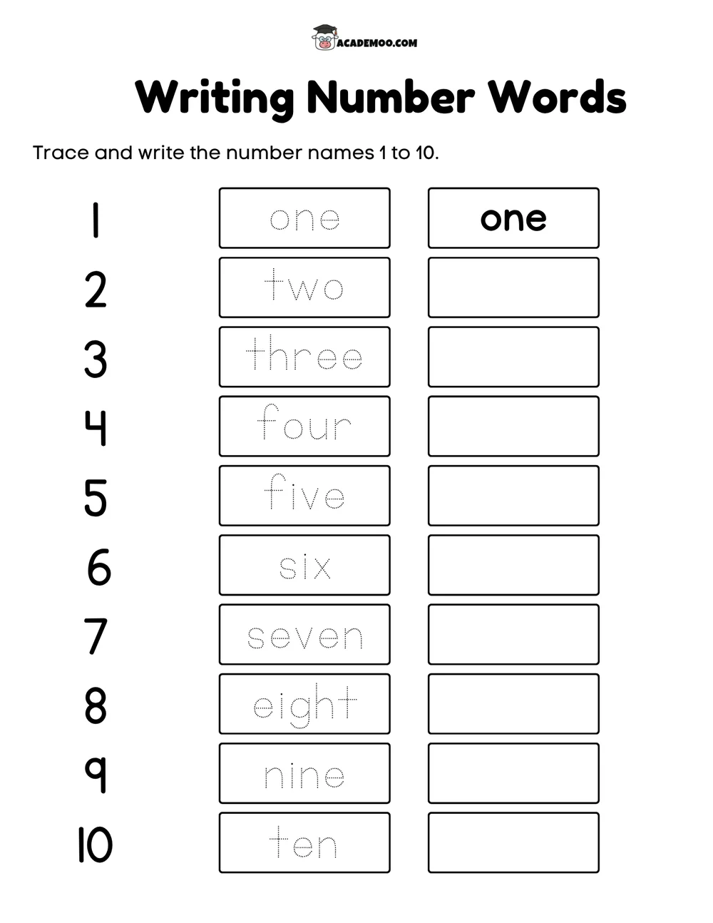Writing Number Words 1-10 worksheet — kindergarten math printable PDF · Printable writing number words 1-10 worksheet for Kindergarten.