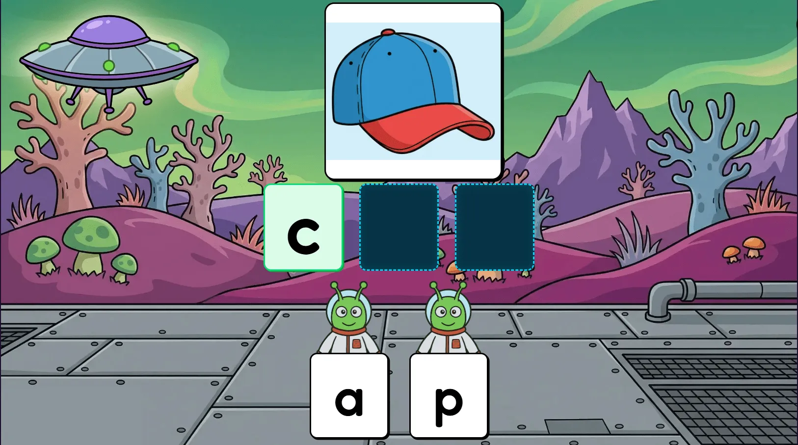 Alien Spelling game screenshot — students drag letters onto a UFO beam to spell the word cap, with a cartoon alien scene