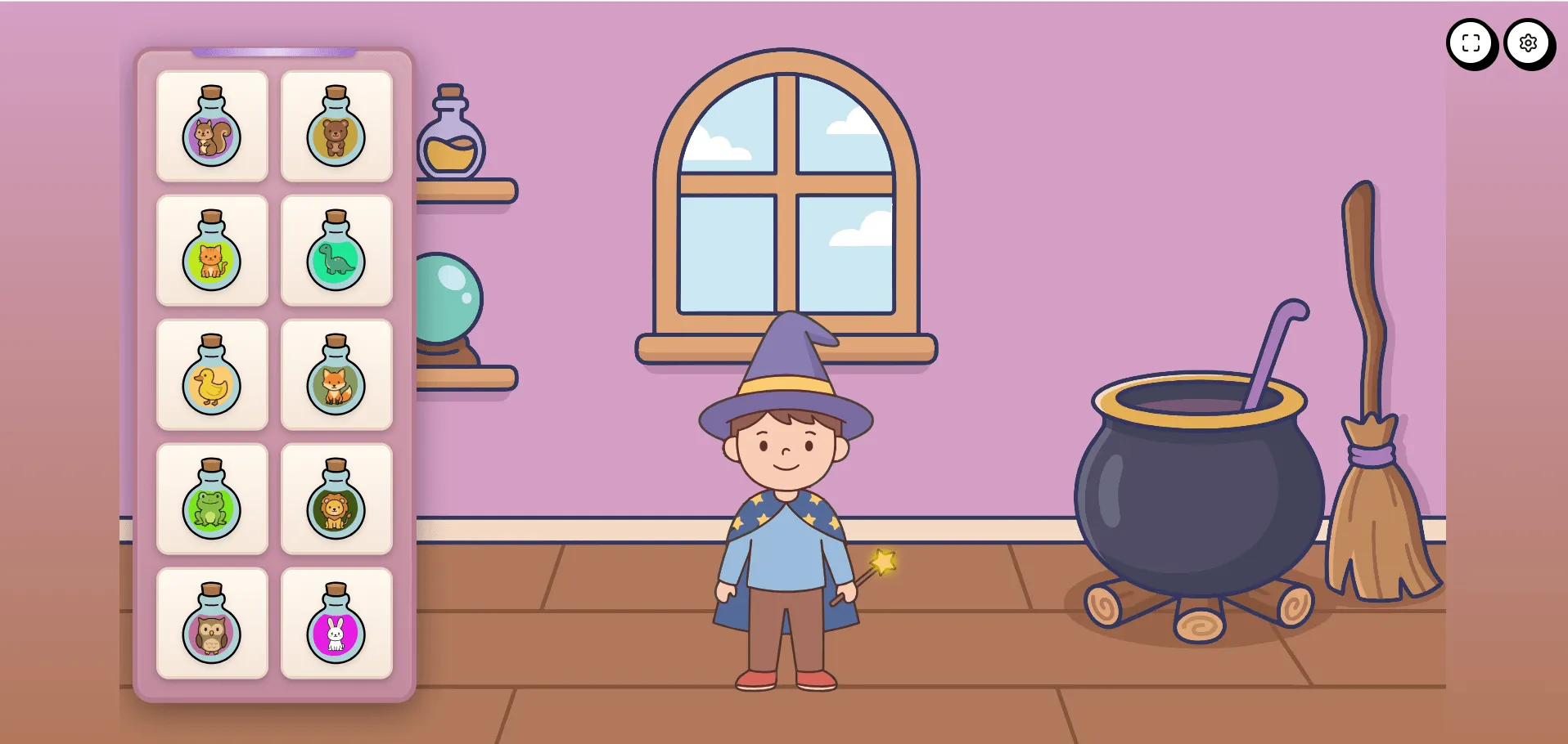 Magic Potions game screenshot — cartoon wizard with cauldron and potion bottles to drag for speech therapy practice