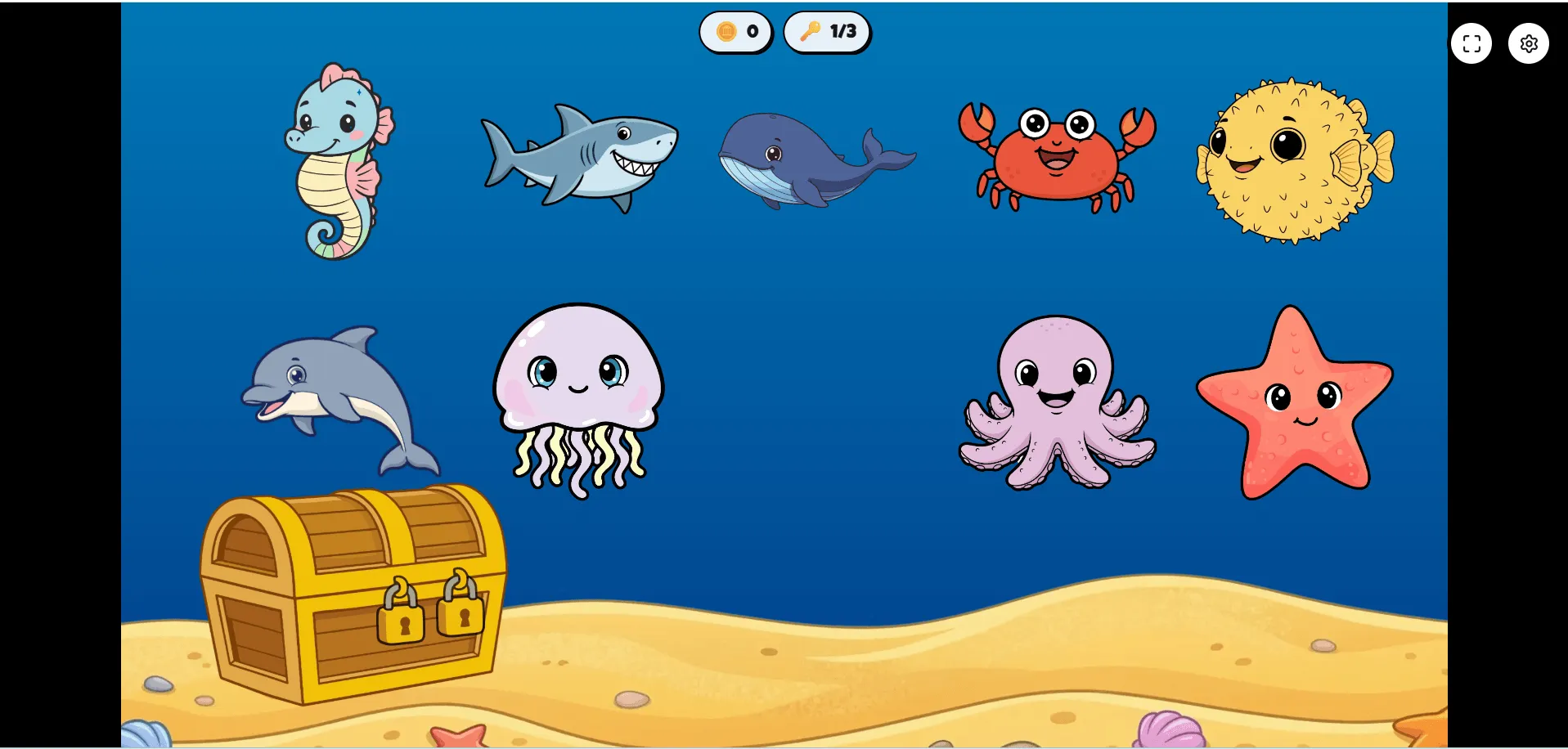 Ocean Quest game screenshot — underwater scene with cartoon sea creatures including seahorse, shark, octopus, and treasure chest