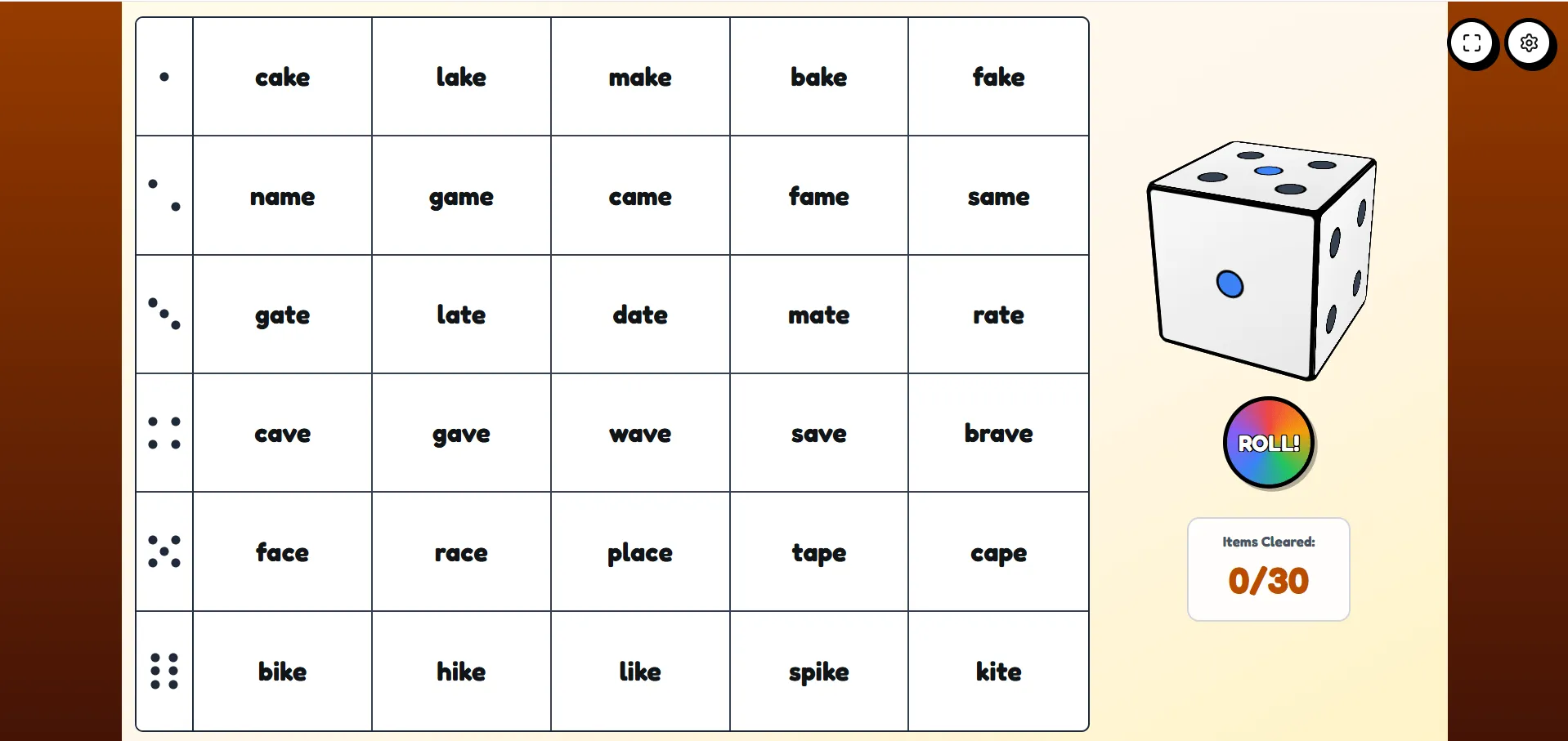 Roll and Read game screenshot — word grid with 3D dice for reading aloud practice, showing CVC and CVCe words